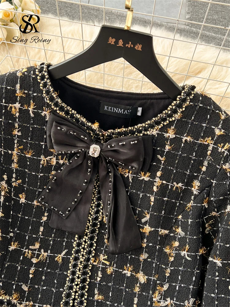 High Quality Plaid Suits Bow Chic Cardigan+Elastic Waist A Line Mesh Skirt
