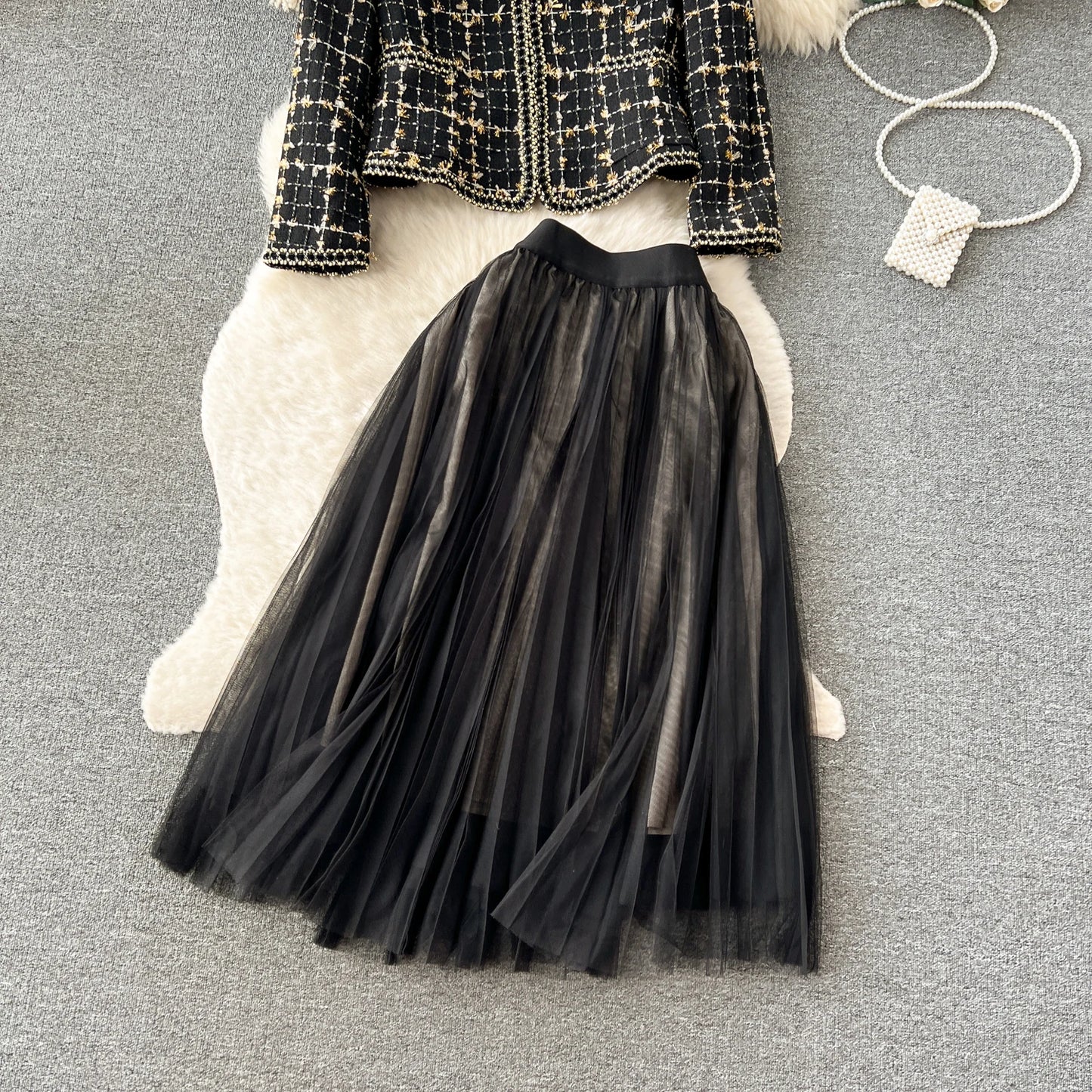 High Quality Plaid Suits Bow Chic Cardigan+Elastic Waist A Line Mesh Skirt