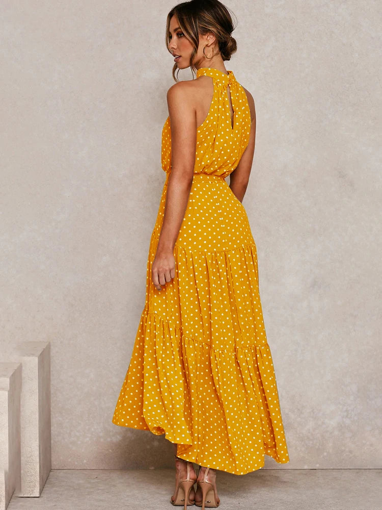 Summer Long Dress Polka Dot Casual Dresses Sexy Halter Strapless New 2024 Yellow Sundress Vacation Clothes For Women - Mammalook