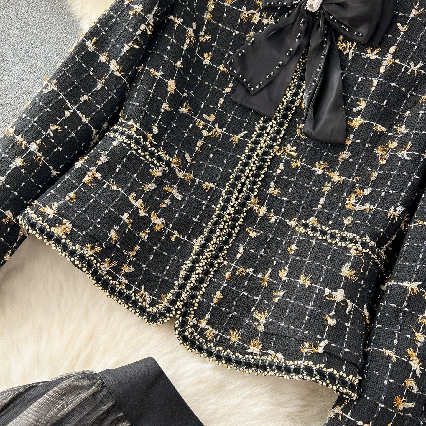 High Quality Plaid Suits Bow Chic Cardigan+Elastic Waist A Line Mesh Skirt