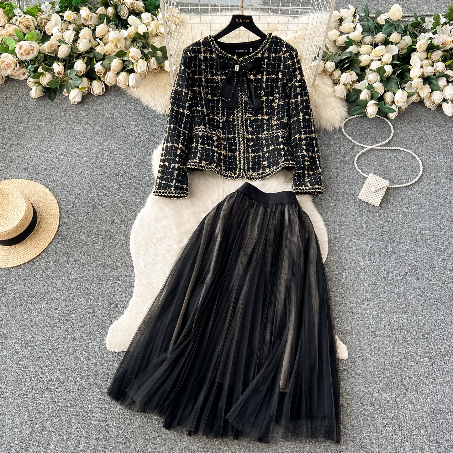 High Quality Plaid Suits Bow Chic Cardigan+Elastic Waist A Line Mesh Skirt