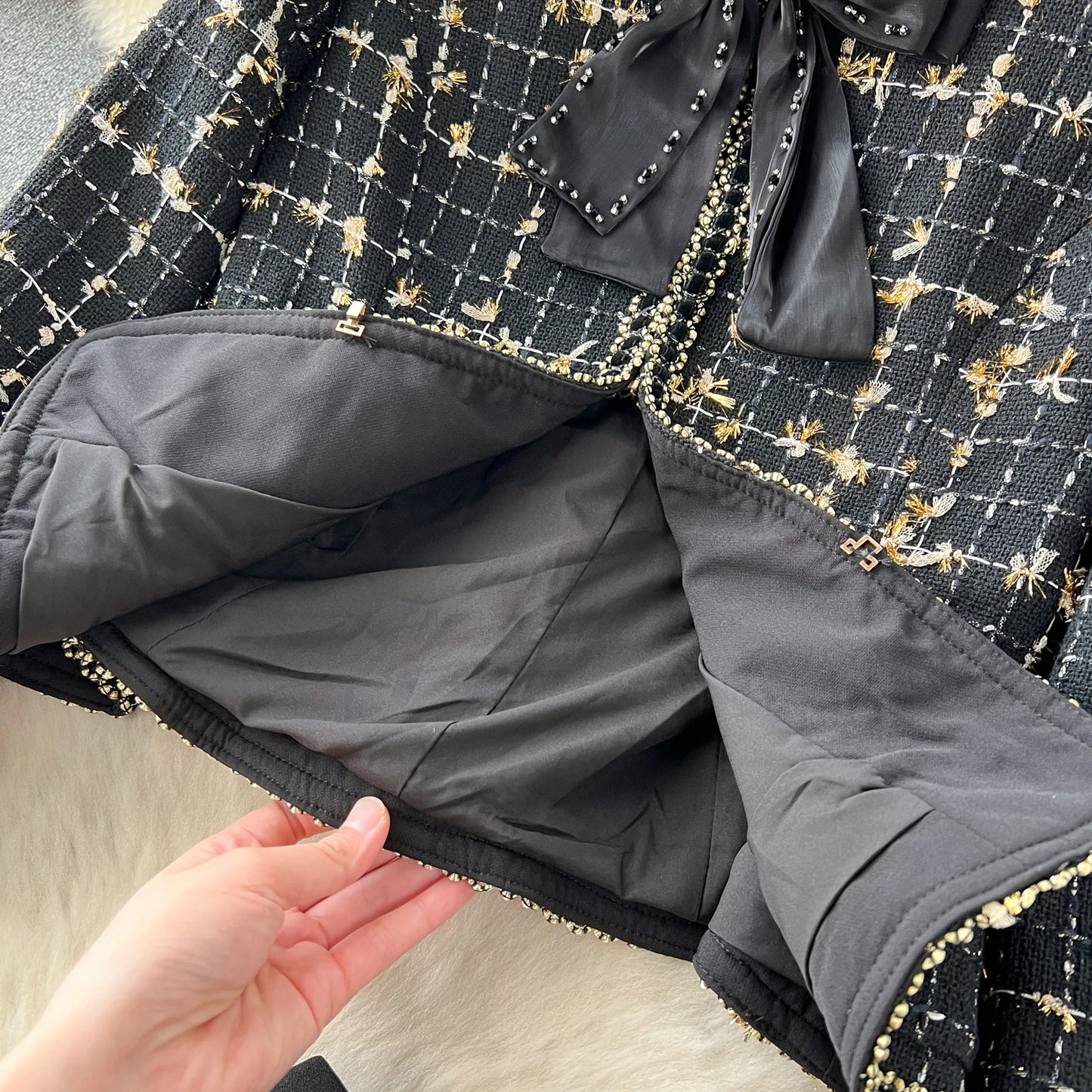 High Quality Plaid Suits Bow Chic Cardigan+Elastic Waist A Line Mesh Skirt