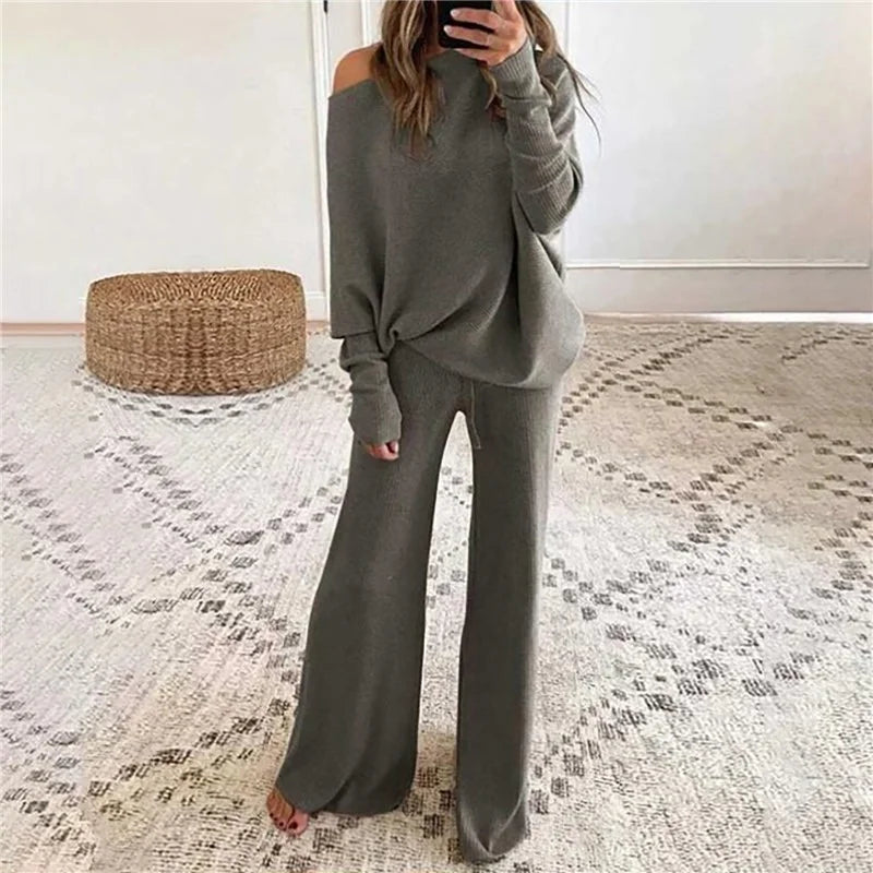 Pant Suits - Women Outfits Knitted Pullover off shoulder