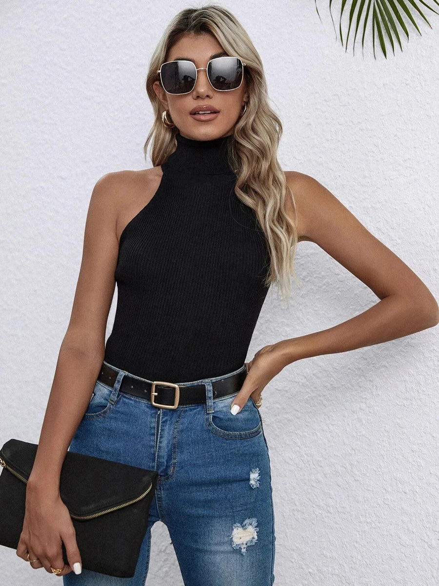 Turtleneck Sleeveless Ribbed Knit Top
