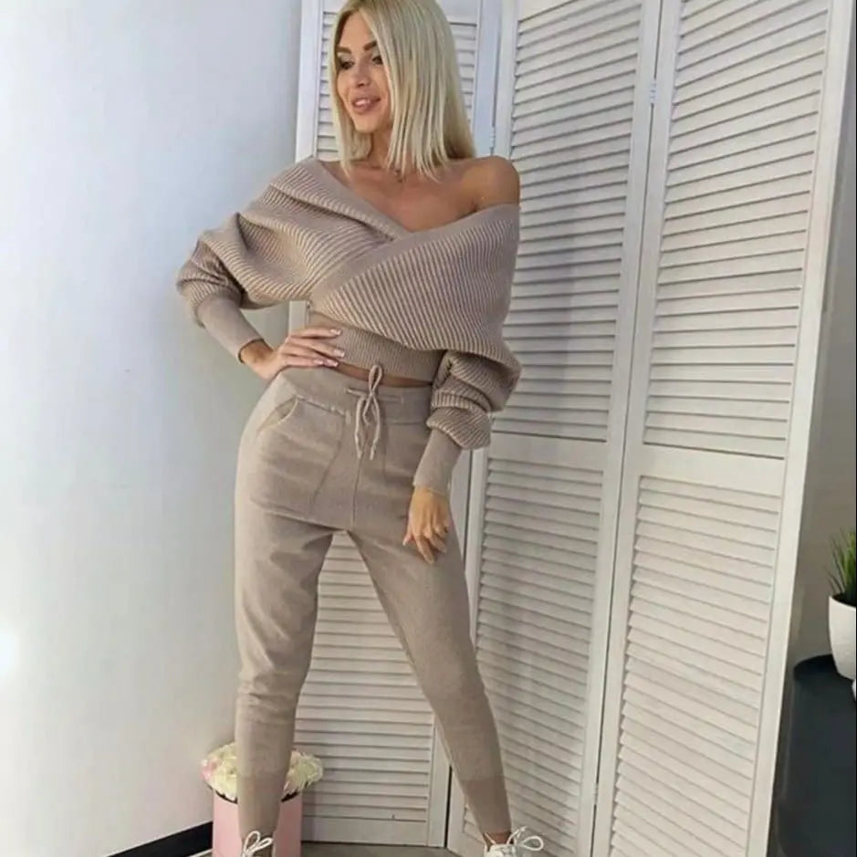 Sexy Off Shoulder Knitted Two Piece Set Women Long Sleeve Sport Tracksuit 2 Piece Sweater Pants Suits Matching Sets For Women