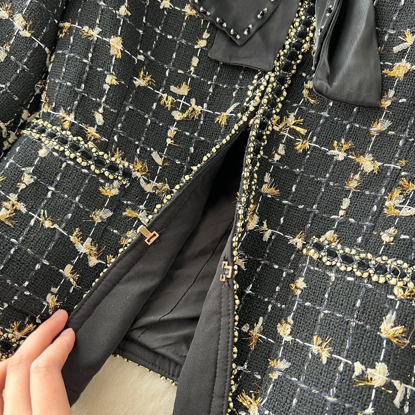 High Quality Plaid Suits Bow Chic Cardigan+Elastic Waist A Line Mesh Skirt