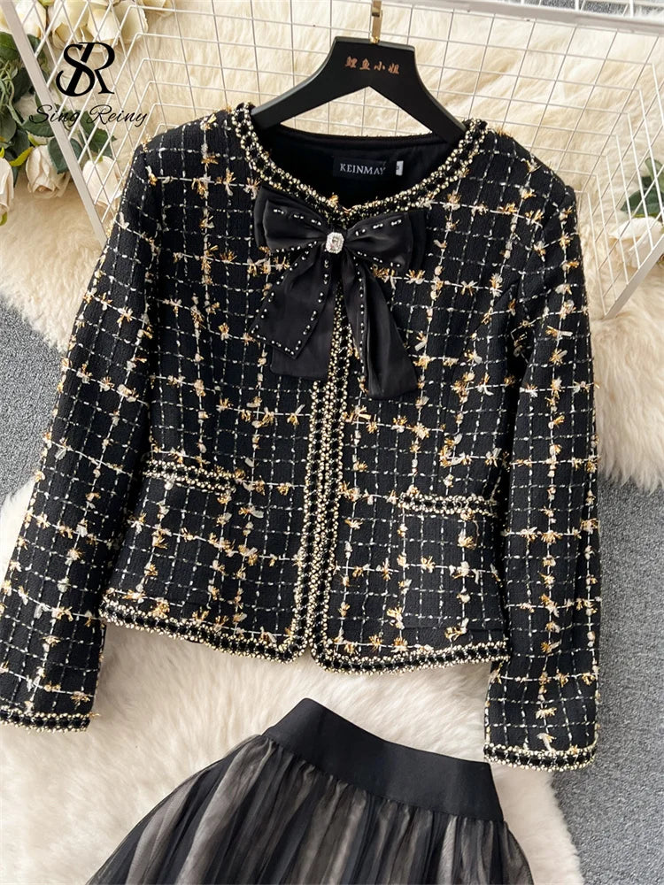 High Quality Plaid Suits Bow Chic Cardigan+Elastic Waist A Line Mesh Skirt