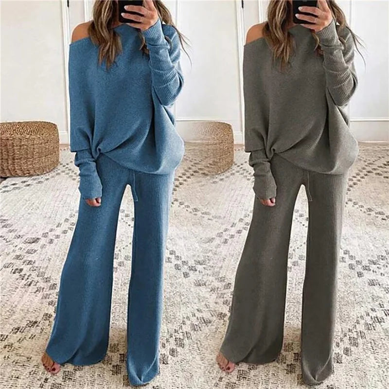 Pant Suits - Women Outfits Knitted Pullover off shoulder