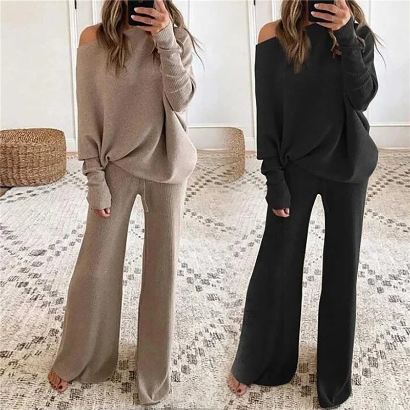 Pant Suits - Women Outfits Knitted Pullover off shoulder
