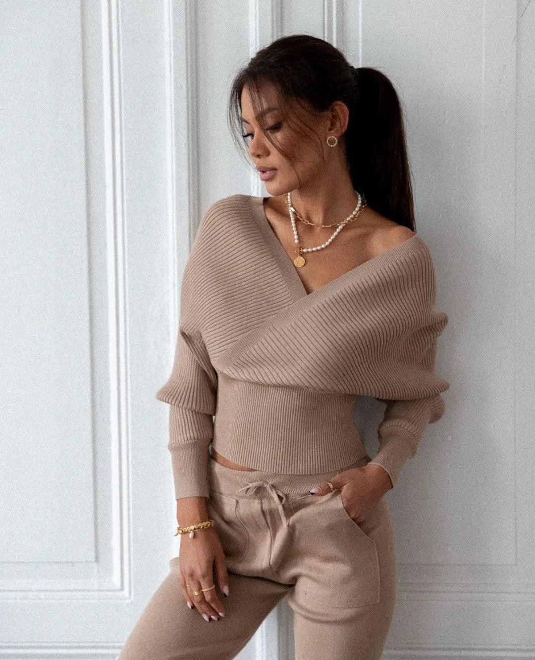 Sexy Off Shoulder Knitted Two Piece Set Women Long Sleeve Sport Tracksuit 2 Piece Sweater Pants Suits Matching Sets For Women