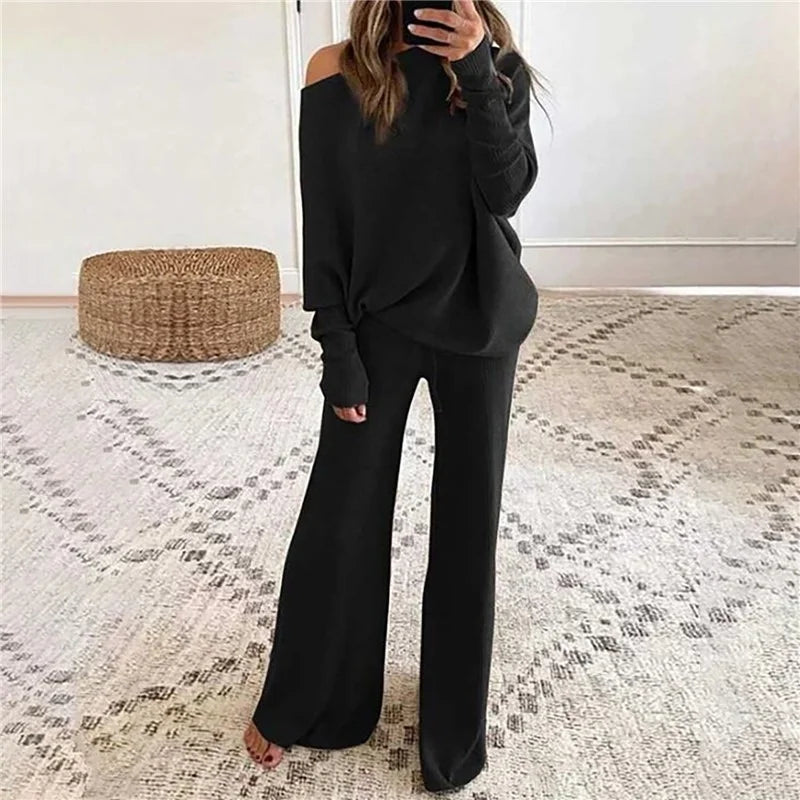 Pant Suits - Women Outfits Knitted Pullover off shoulder