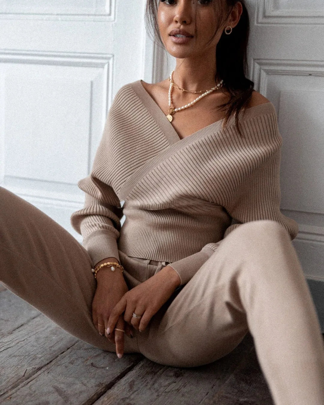 Sexy Off Shoulder Knitted Two Piece Set Women Long Sleeve Sport Tracksuit 2 Piece Sweater Pants Suits Matching Sets For Women