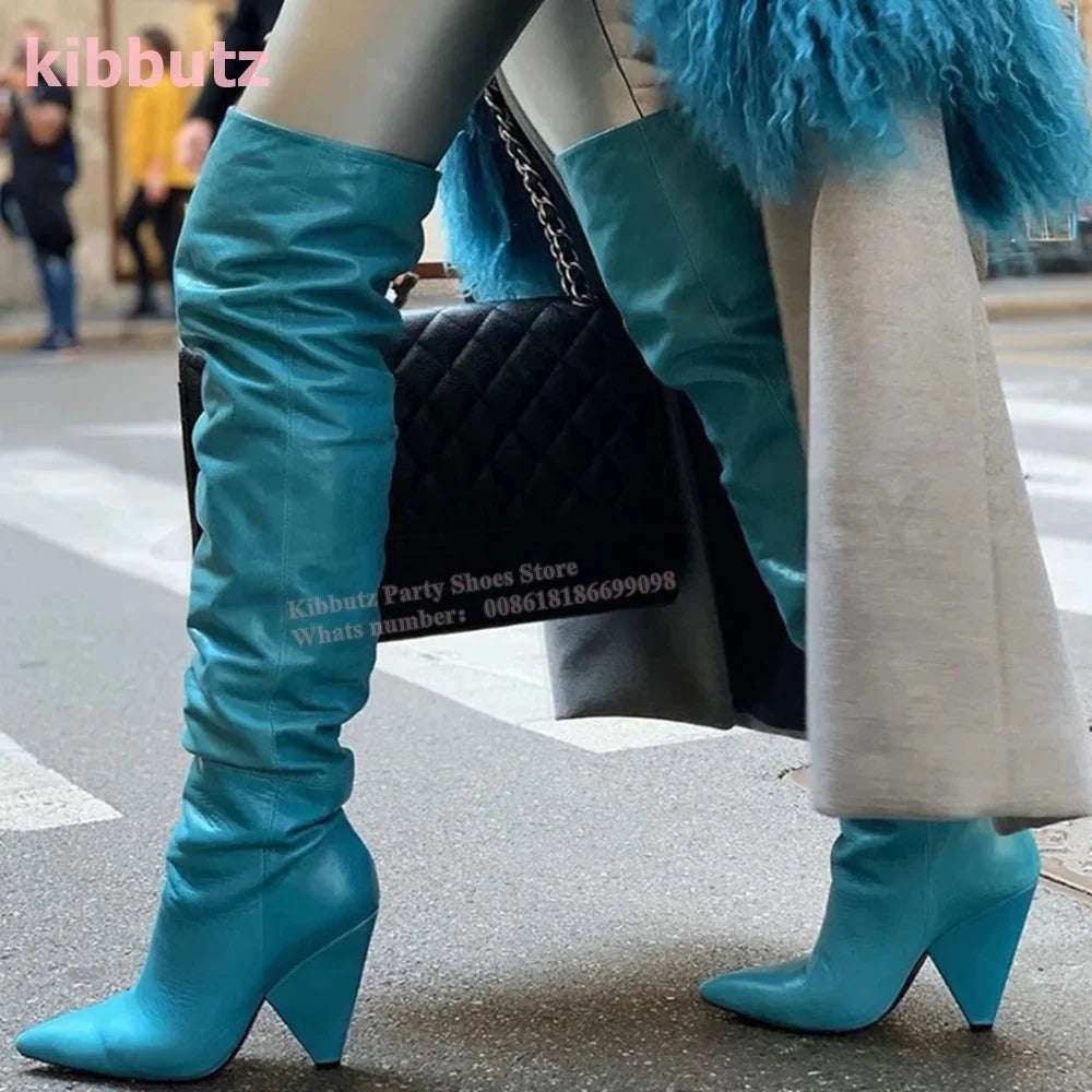 Over The Knee Boots Genuine Leather Pleated Solid Color Brown Pointed Toe Kitten Heel Fashion Sexy Elegant Women Shoes Newest - Mammalook