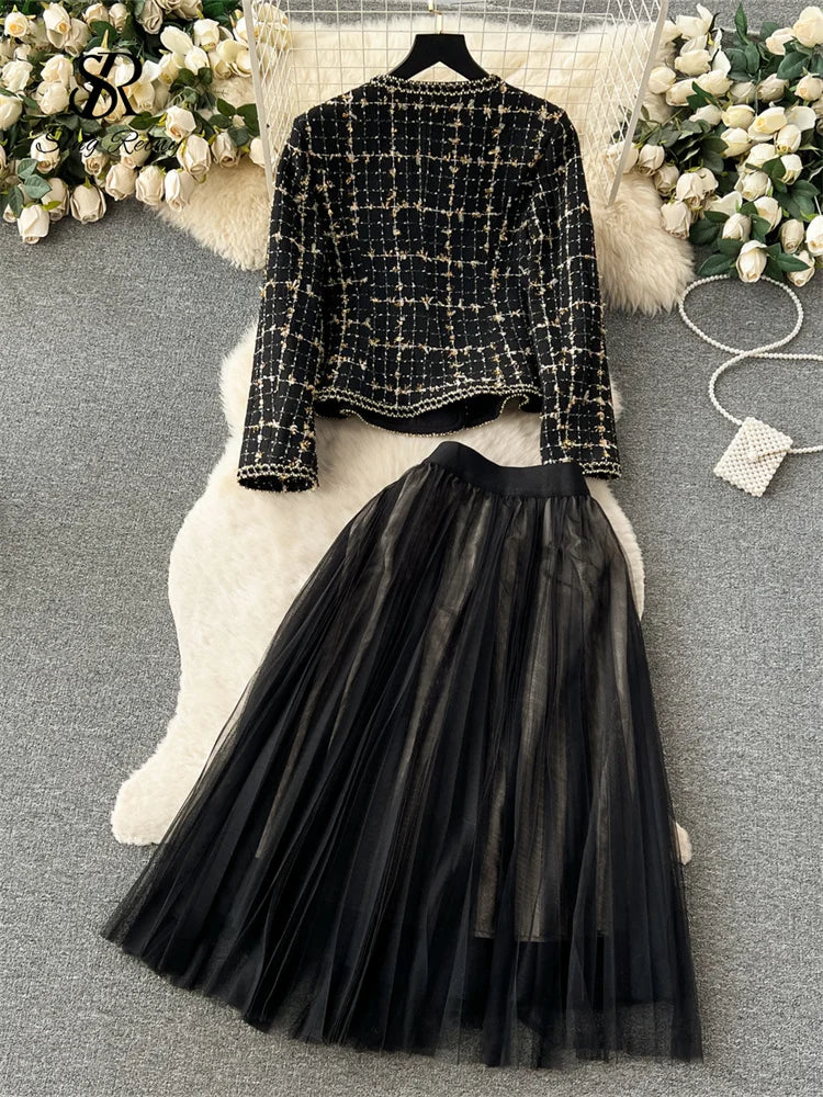 High Quality Plaid Suits Bow Chic Cardigan+Elastic Waist A Line Mesh Skirt