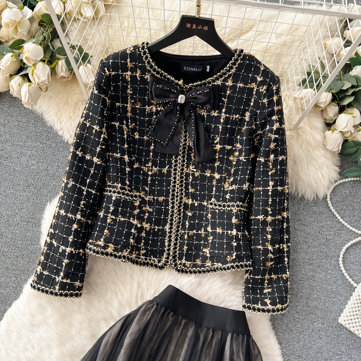 High Quality Plaid Suits Bow Chic Cardigan+Elastic Waist A Line Mesh Skirt