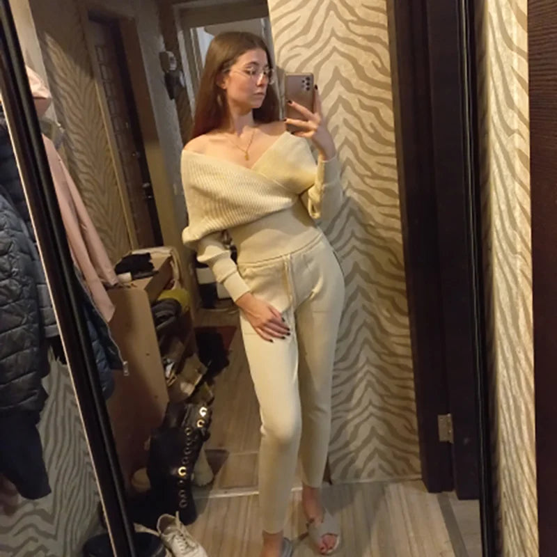 Sexy Off Shoulder Knitted Two Piece Set Women Long Sleeve Sport Tracksuit 2 Piece Sweater Pants Suits Matching Sets For Women