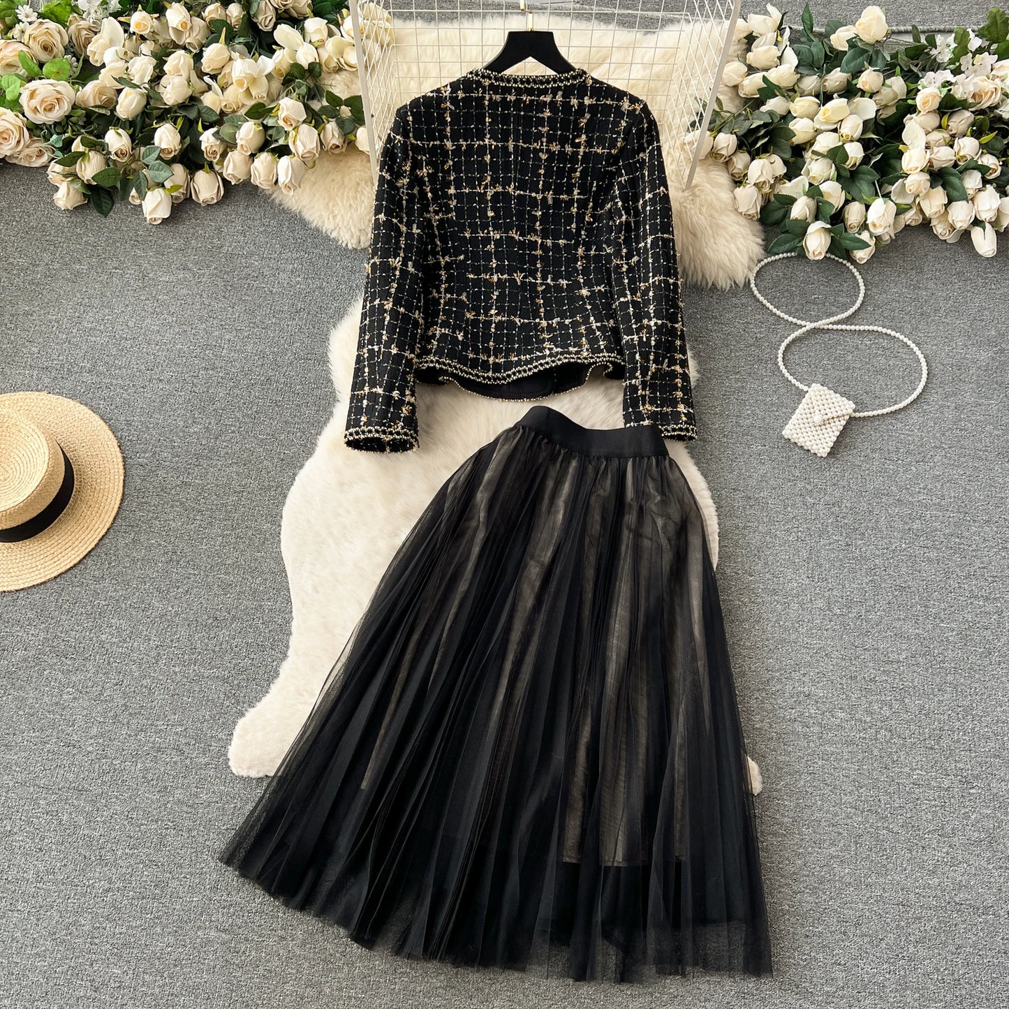 High Quality Plaid Suits Bow Chic Cardigan+Elastic Waist A Line Mesh Skirt