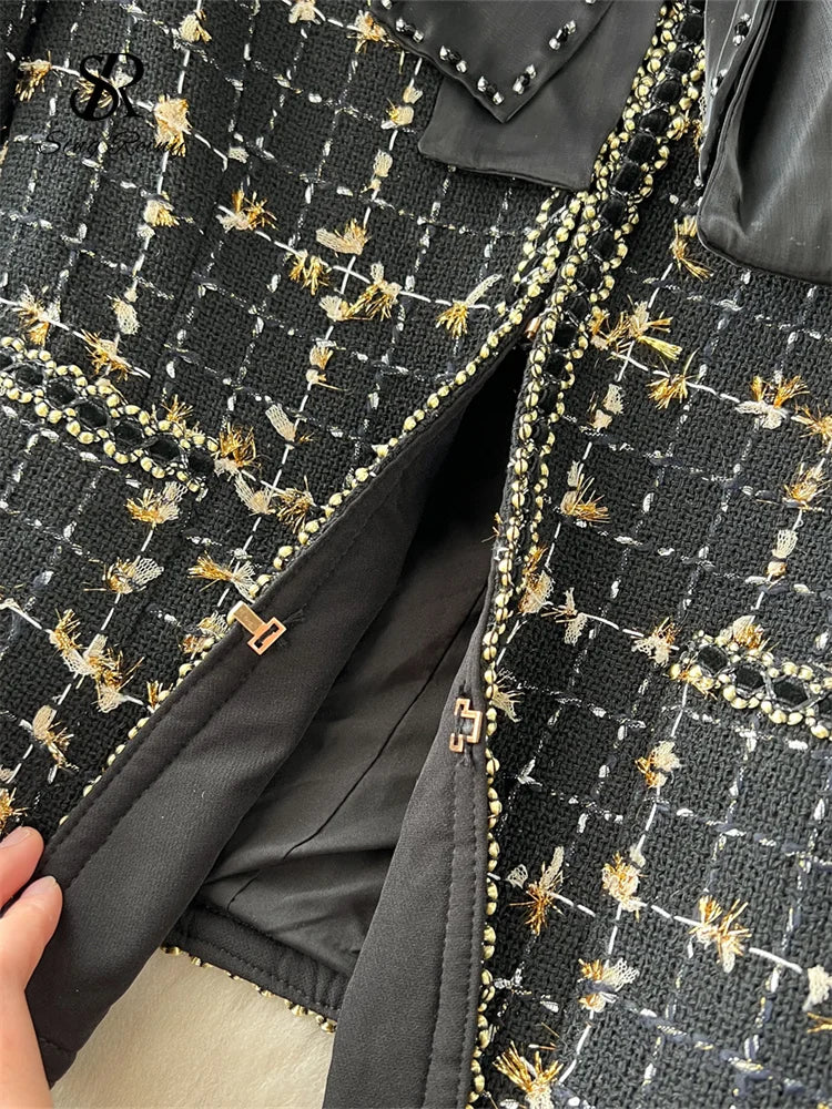 High Quality Plaid Suits Bow Chic Cardigan+Elastic Waist A Line Mesh Skirt