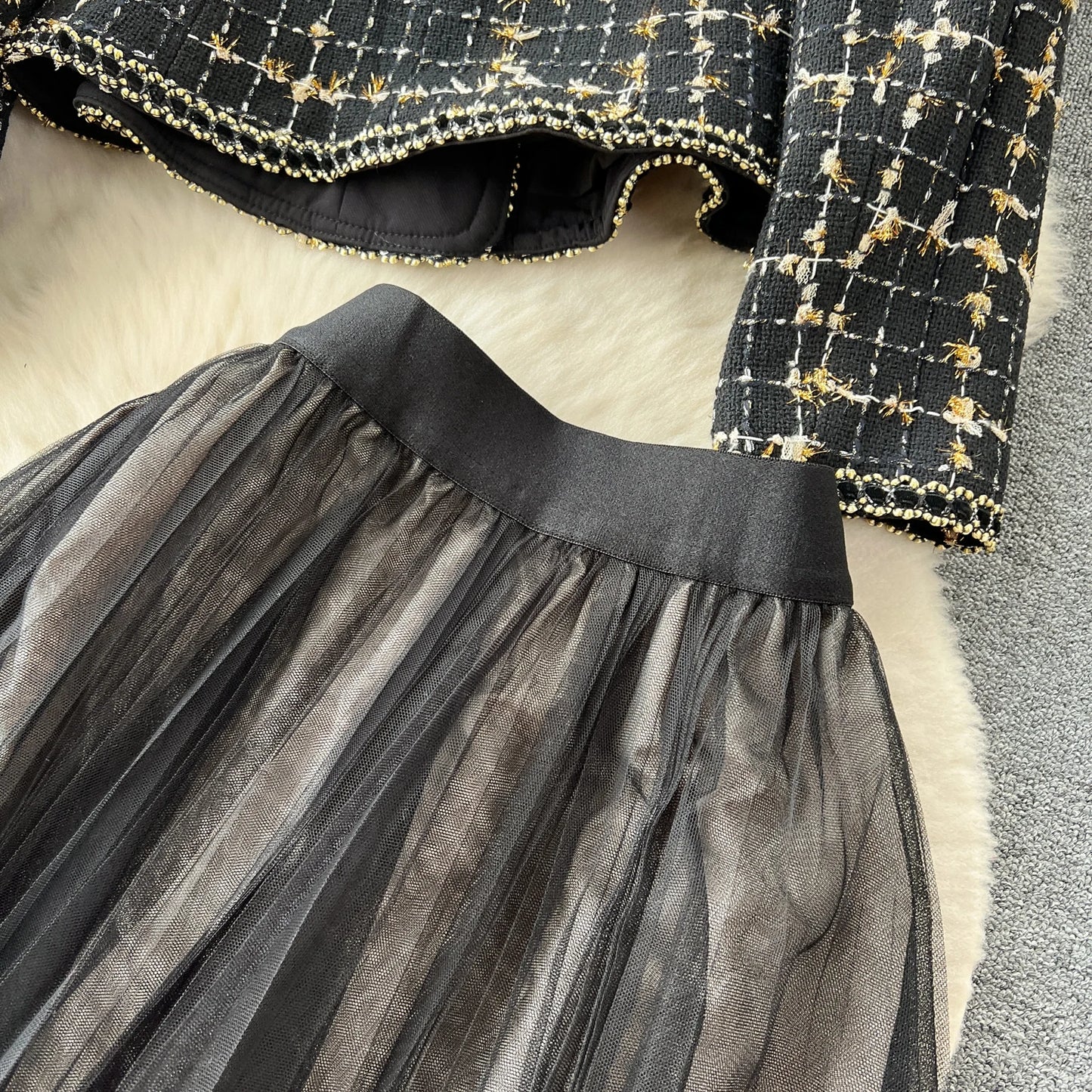 High Quality Plaid Suits Bow Chic Cardigan+Elastic Waist A Line Mesh Skirt