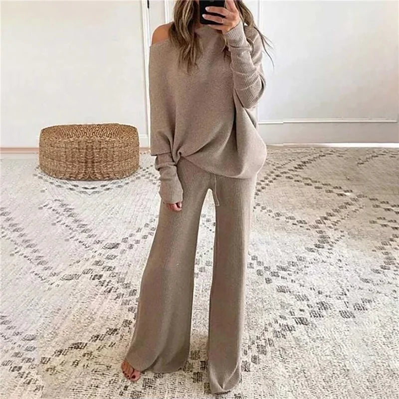 Pant Suits - Women Outfits Knitted Pullover off shoulder