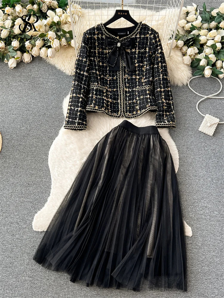 High Quality Plaid Suits Bow Chic Cardigan+Elastic Waist A Line Mesh Skirt