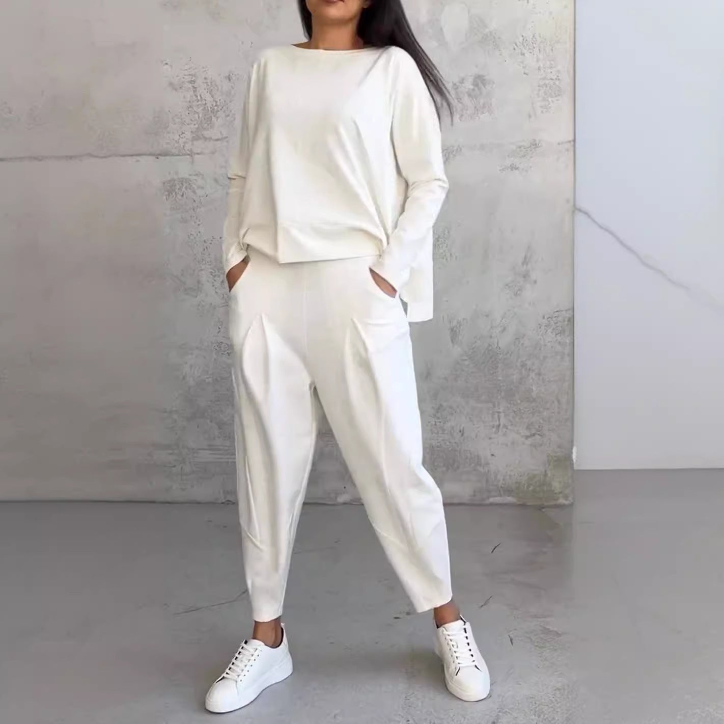 Women's Irregular Suit Long-sleeved Round Neck Top And Loose Harem Pants With Pockets Ins