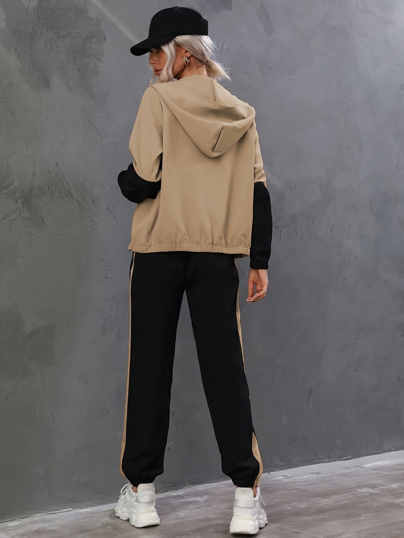Color Block Stylish Set, Hooded Long Sleeve Zipped Jacket & Fitted Bottom Pants, Women's Clothing - Mammalook
