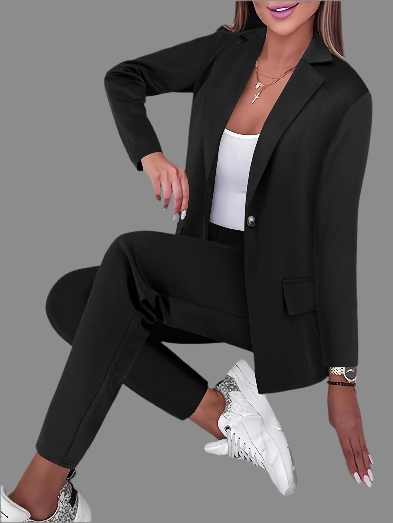 Casual Office & Work Pants Set, Single Breasted Lapel Blazer & Solid Color Simple Pants, Women's Clothing
