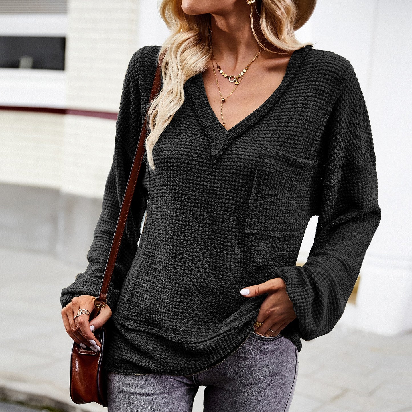 Solid color knitted shirt women's V-neck long sleeved top - Mammalook