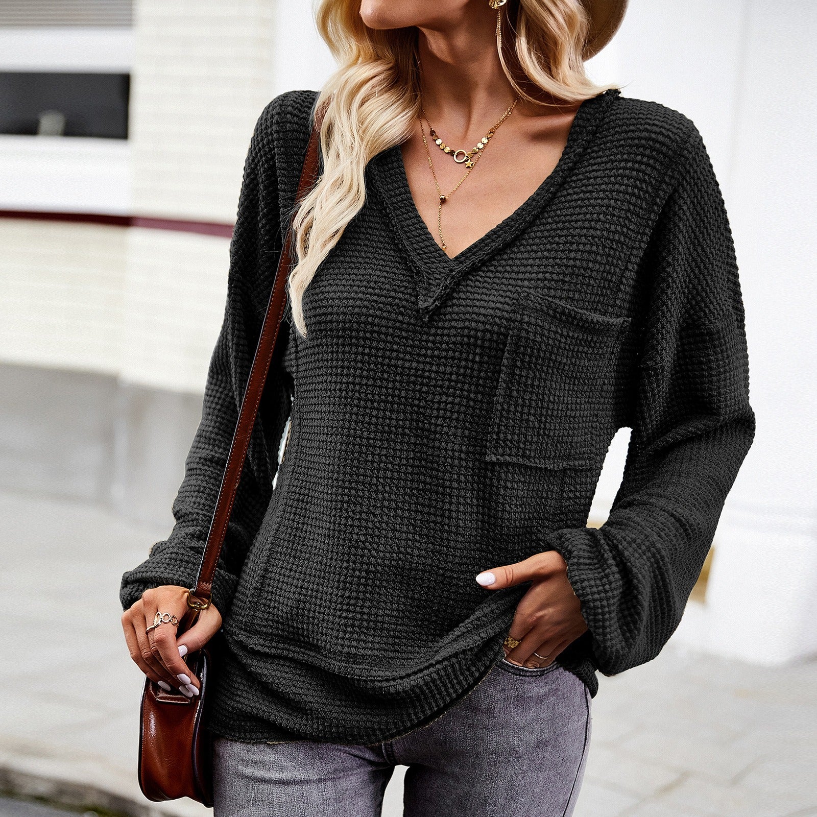Solid color knitted shirt women's V-neck long sleeved top - Mammalook