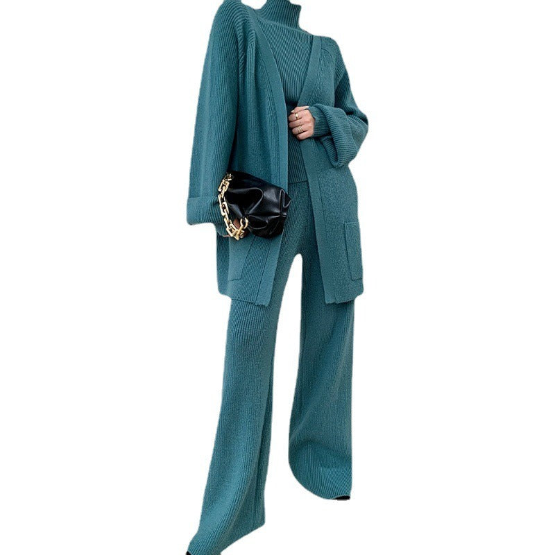 Thickened Sweater Coat – Women's New Knitting Cardigan + Wide Leg Pants Three-Piece Leisure Celebrity Fashion Suit - Mammalook