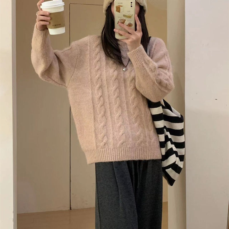 Fried Dough Twists round neck pullover sweater women's loose knit - Mammalook