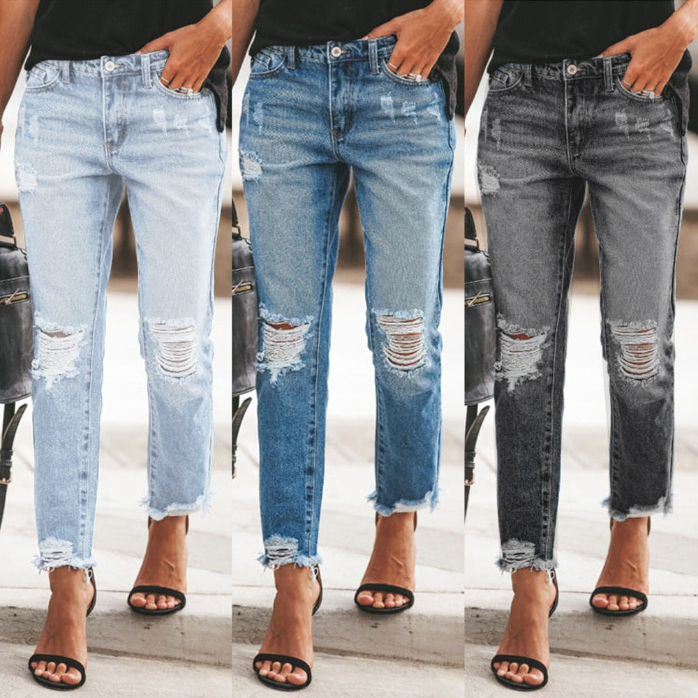 High Waist Women Straight Leg Jeans New Retro Blue Ripped Straight Leg Pants Loose Casual Pencil Jeans Women's Street Pants - Mammalook