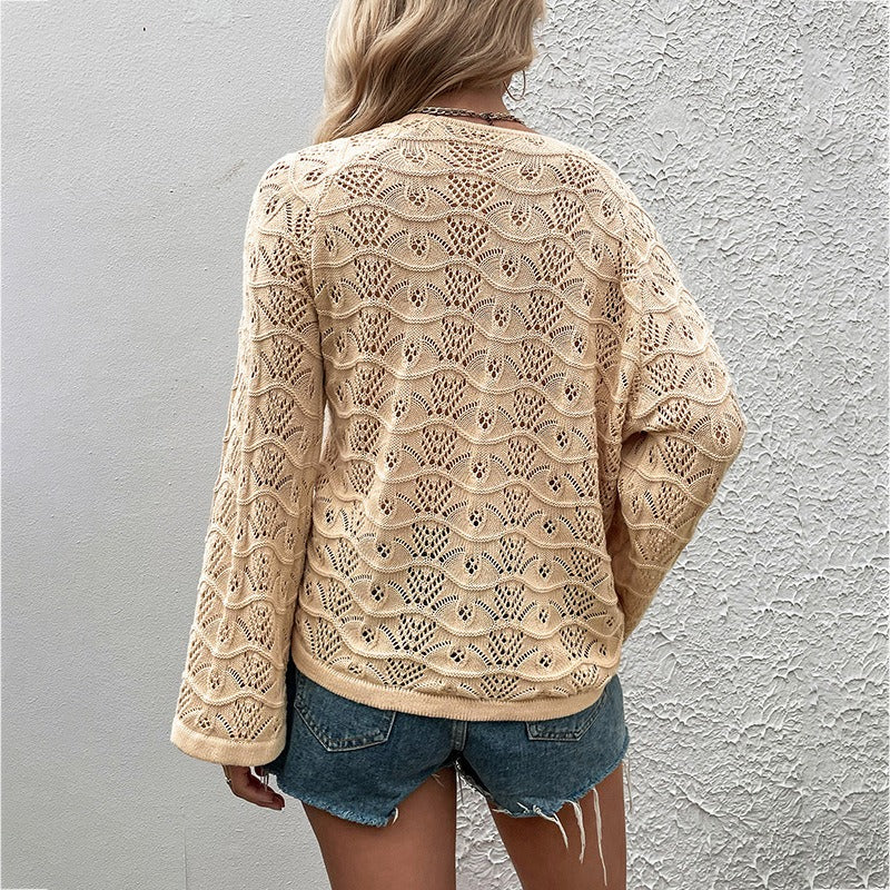 Maomao Rain Spring/Summer New Sweater Women's Solid Color Hollow Drawstring T-Shirt Top - Mammalook
