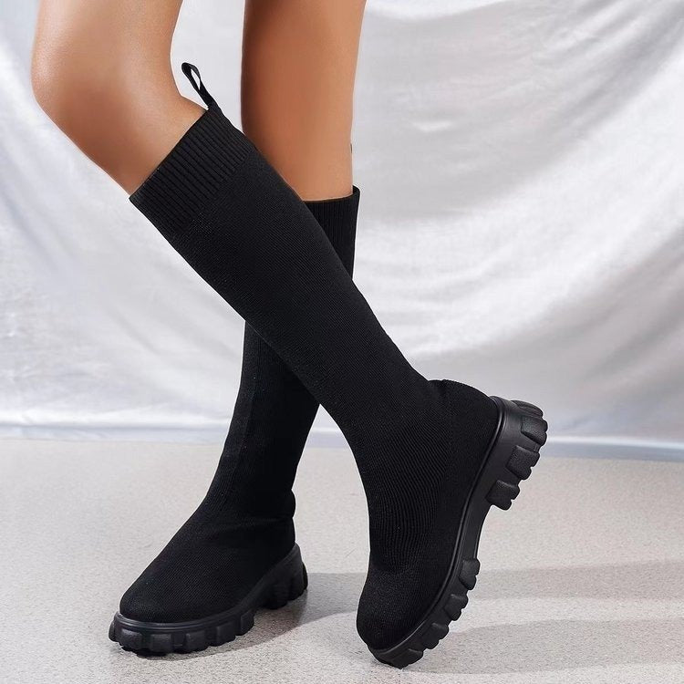 Large size woven mid length socks and boots for women in autumn and winter, European and American fashion new round toe thick heel woolen boots - Mammalook