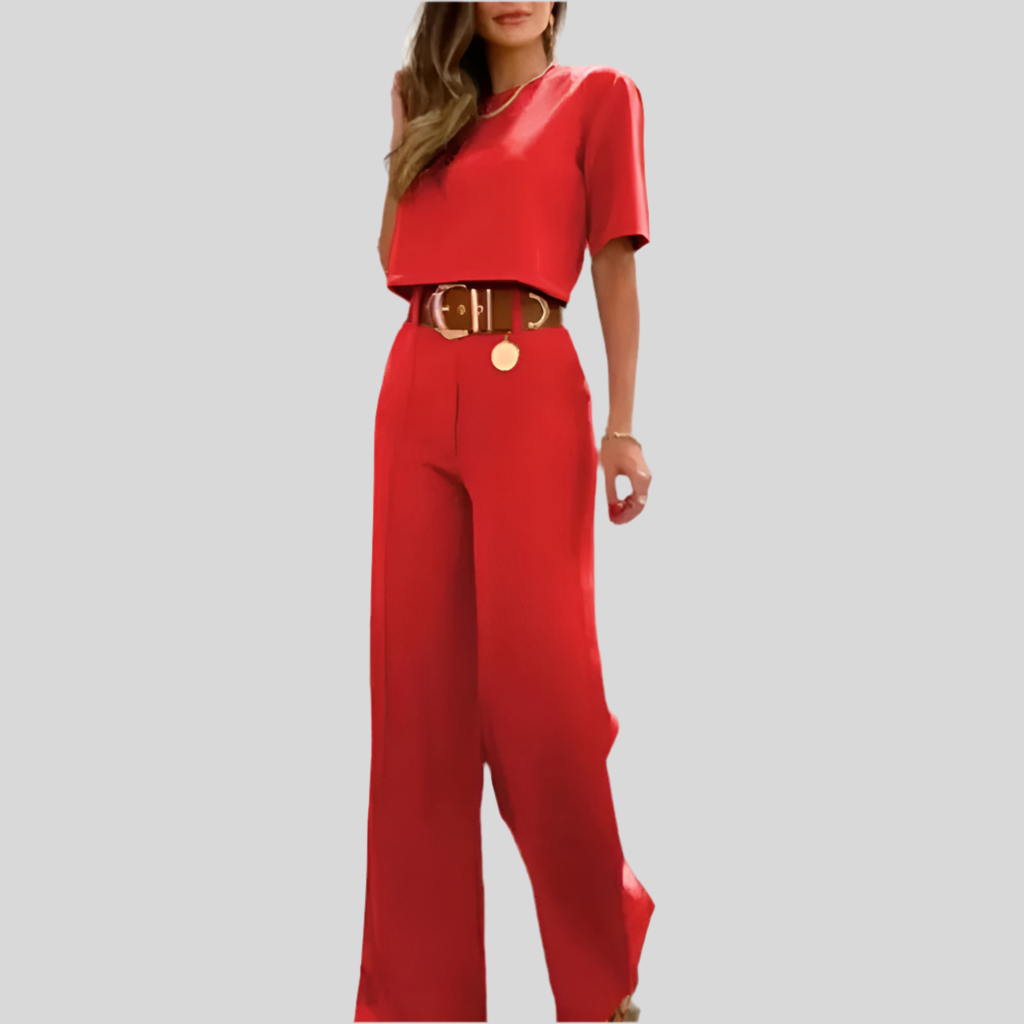 2-Piece Set: Wide-Leg Pants and Short-Sleeve Blouse