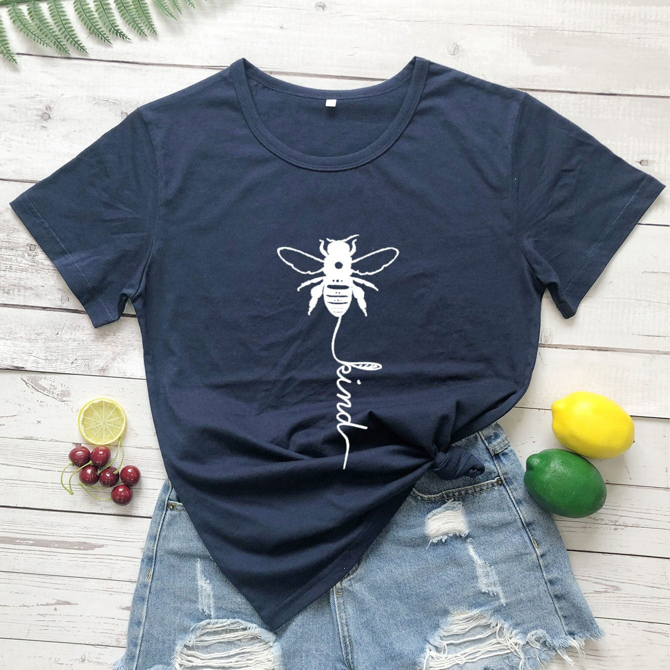 Cotton T Shirt Bee Kind Print Women Short Sleeve O Neck Loose Tshirt Summer Tee Shirt Tops - Mammalook
