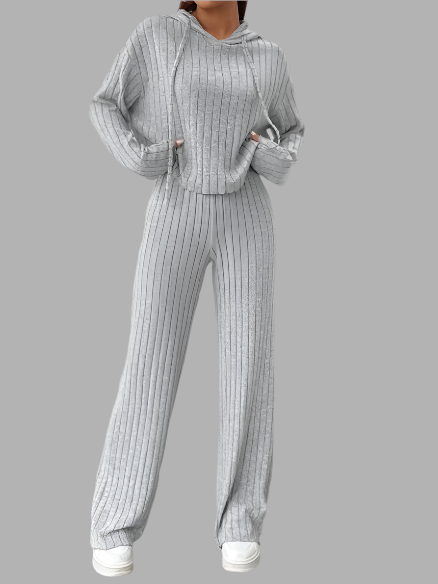 Two-piece Set - Casual Knitted Striped Hooded Sweatshirt Loose Long Sleeved, Long Pants