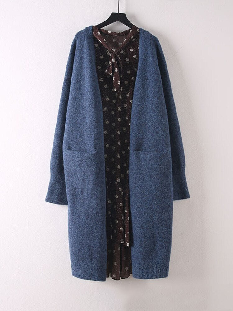 Woman Knitted Sweater Solid Pockets Long Sleeve Cardigan Simple Elastic Loose Casual Style Top New Autumn Fashion - Mammalook