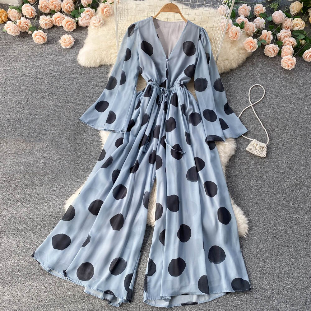 Tingfly Women France Chi Polka Dot Print Bohemian Casual Wide Leg Trousers Jumpsuits Chiffon Summer Boho Beach Style Overalls - Mammalook