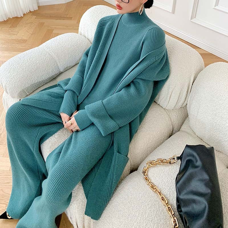 Thickened Sweater Coat – Women's New Knitting Cardigan + Wide Leg Pants Three-Piece Leisure Celebrity Fashion Suit - Mammalook