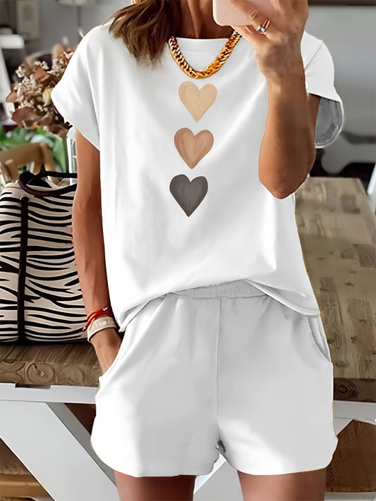Heart Print Casual Two Piece Set, Crew Neck Short Sleeve T-shirt & Elastic Waist Slant Pocket Shorts Outfits, Women's Clothing - Mammalook