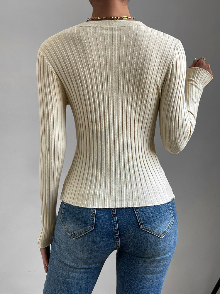 Autumn Women's Sweaters V-neck Cross Knot Long Sleeve Top Slim Fit Comfortable Split Solid Color Knitwear - Mammalook