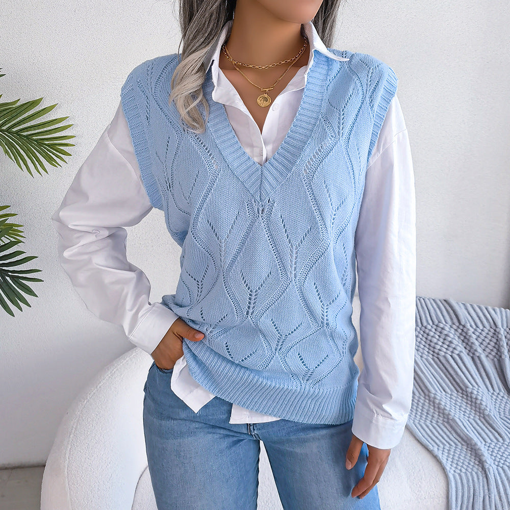 Street Style Hollow Diamond V-Neck Knitted Vest Sweater - Mammalook