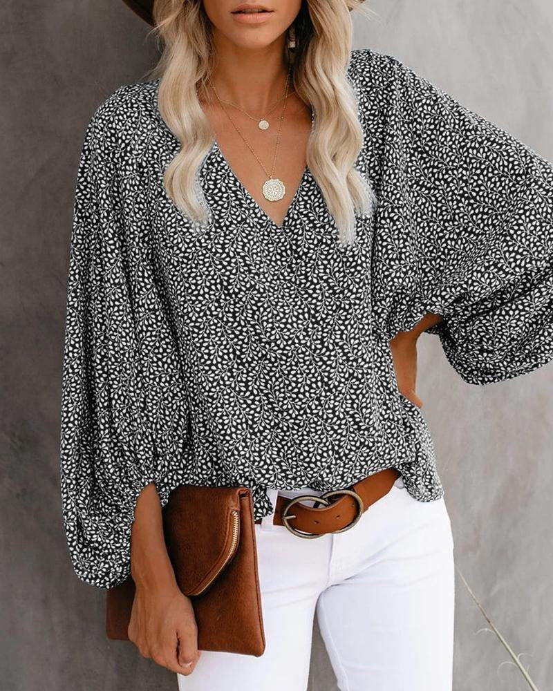 New autumn V-neck casual shirt with printed lantern sleeves for women's clothing - Mammalook