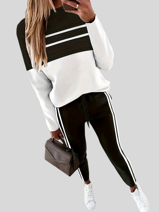 Casual Color Block Two-piece Set, Striped Long Sleeve Top & Drawstring Pants Outfits, Women's Clothing - Mammalook