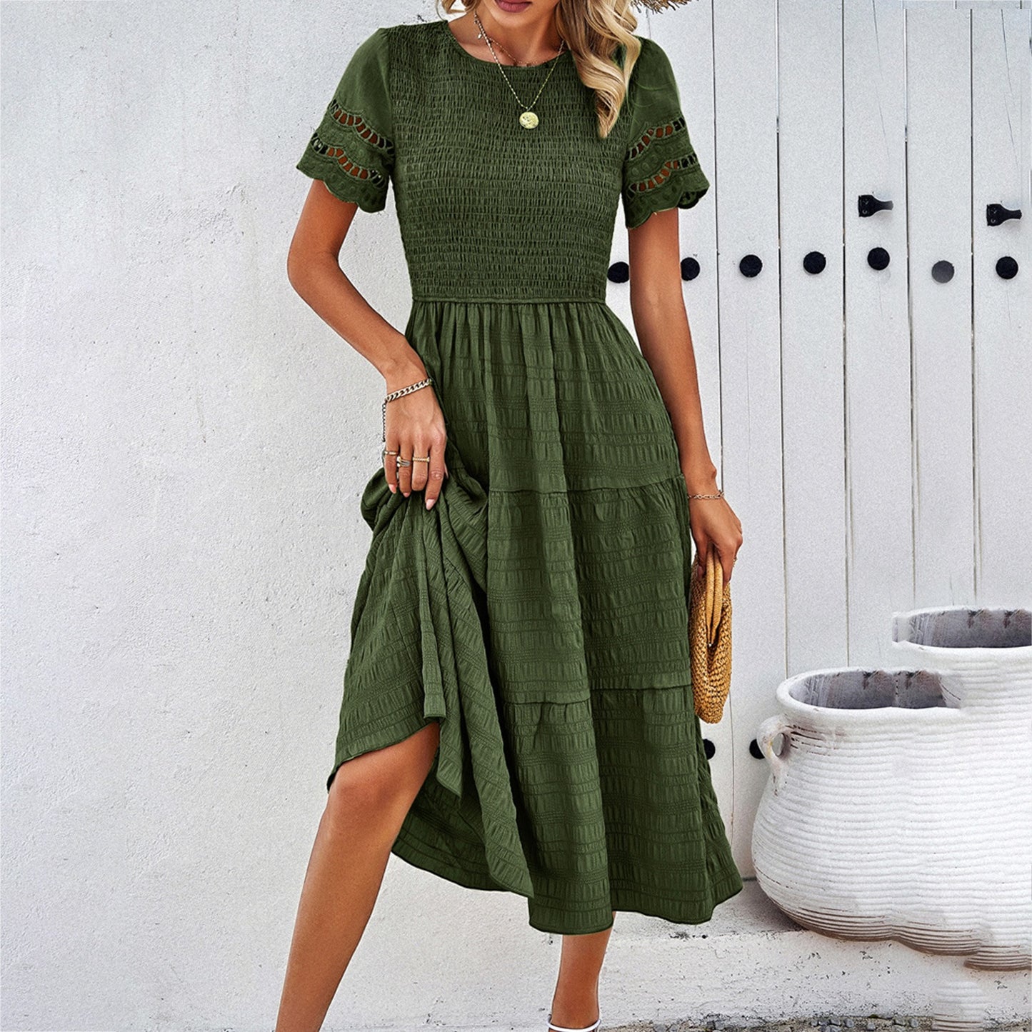 Spring and summer pure color temperament play sheath hollow dress - Mammalook