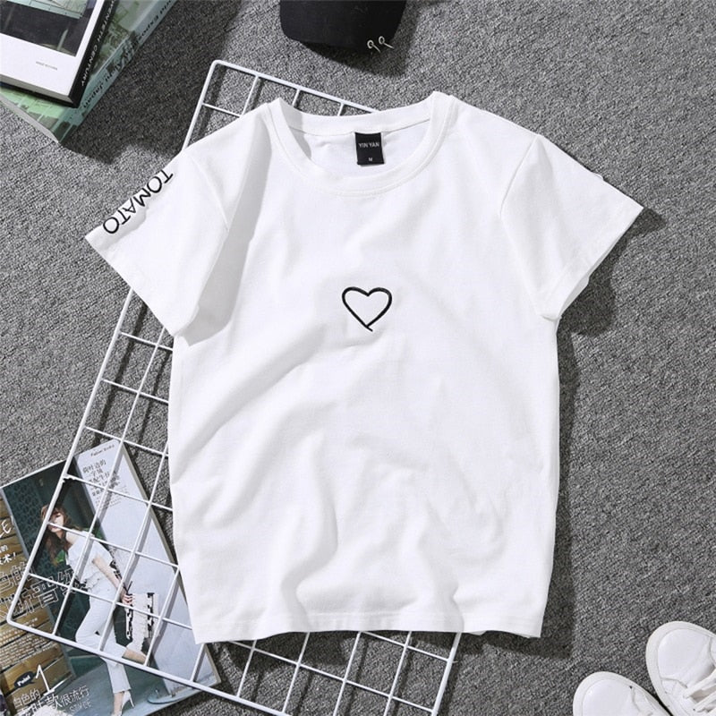 Summer Couples Lovers T-Shirt For Women Casual White Tops Tshirt Women T Shirt Love Heart Embroidery Print T-Shirt Female - Mammalook