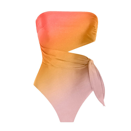 Gradient Print Fashion Swimsuit Set Cover Up Biquini Naranja Swimwear With Skirt Patchwork Women's Bandage Summer Beach - Mammalook