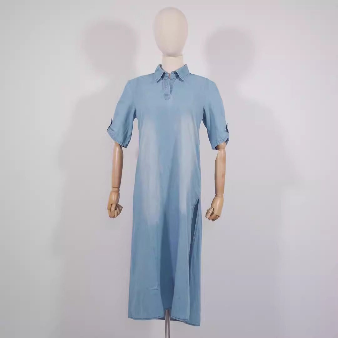 Casual Women Loose Dress Lapel Vintage Summer Side Slitting Hem Loose Long Denim Dress - Mammalook